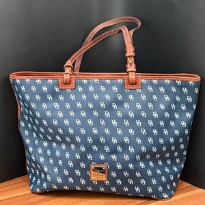 Dooney & Bourke Gretta Leisure Signature Monogram Navy Coated Canvas Large Tote
